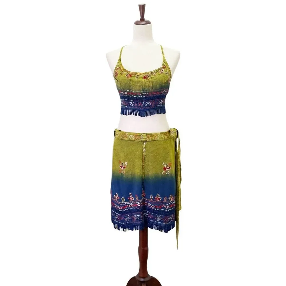 Flower Tie Dye Crop Top Wrap Skirt Set Free Size Boho Festival India Blue Green